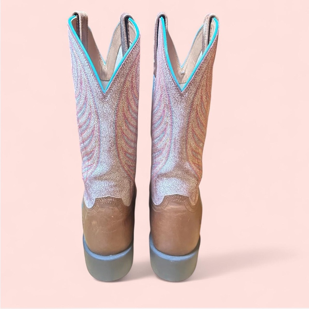 Ariat Brown Leather Western Boots with White and Turquoise Stitching - Picture 6 of 8